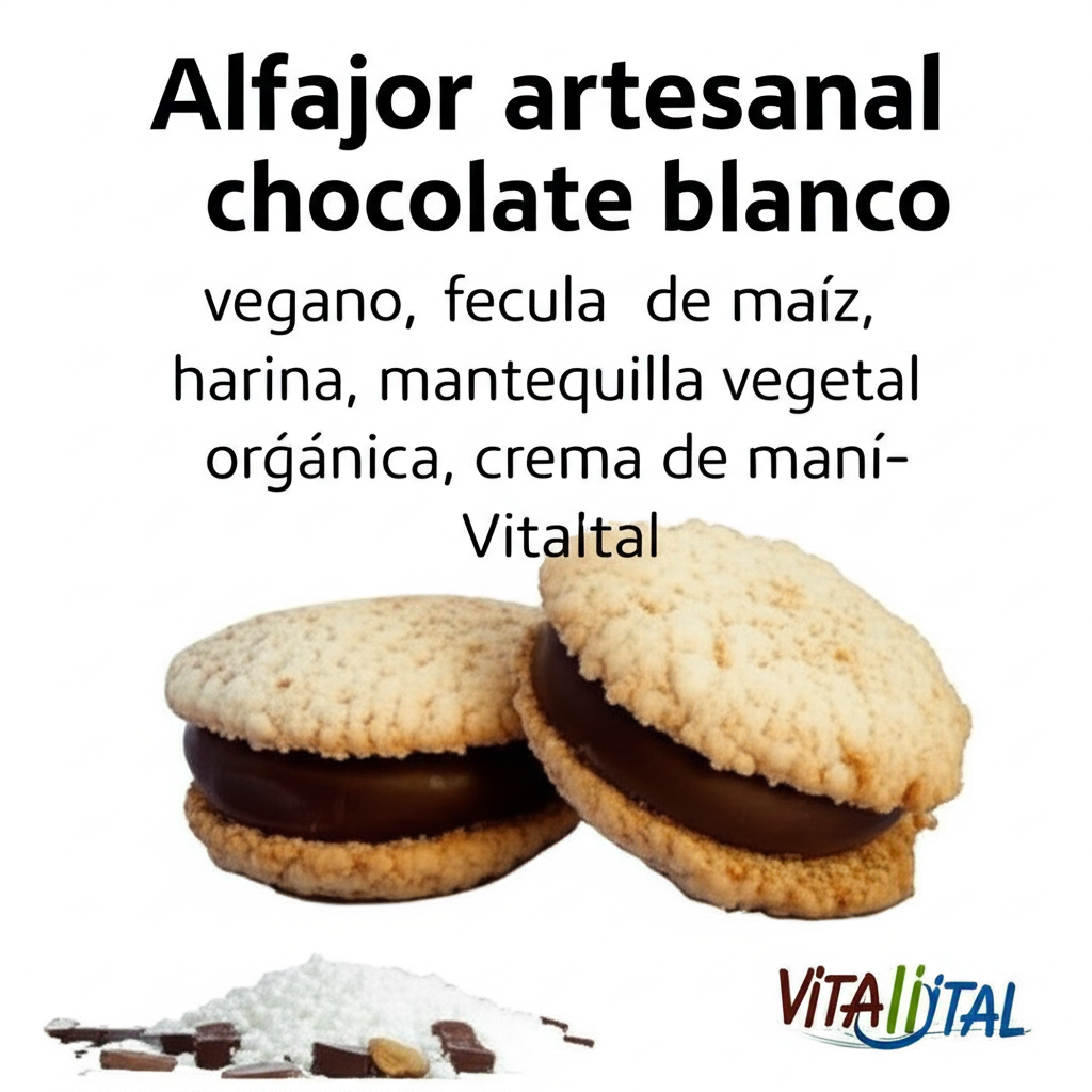 Alfajor artesanal chocolate blanco vegano, fecula de maíz, harina, mantequilla vegetal panela orgánica, crema de maní- Vitalital