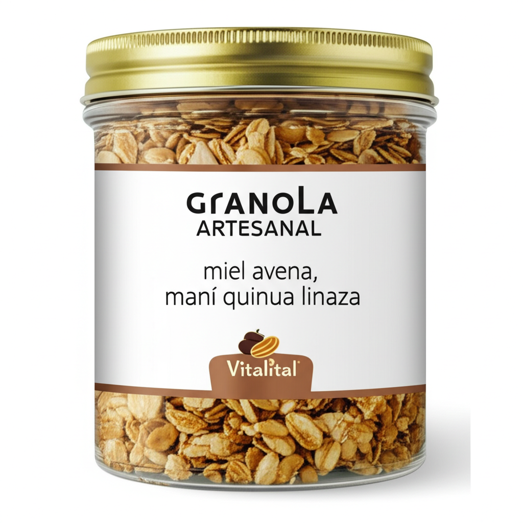 Granola Artesanal, miel avena, maní quinua linaza - Vitalital